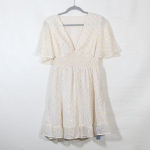 Cupshe White Gold V-Neck A-Line Baby Doll Dress Size Medium